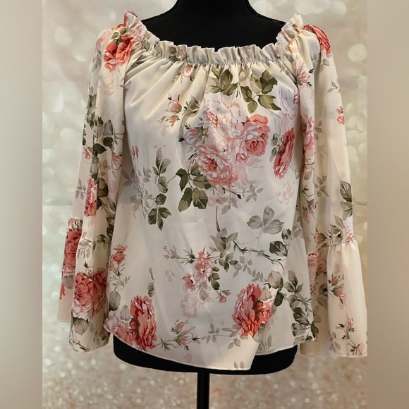 SHEIN Tops - Shein S Off White Floral Blouse Off Shoulder‎ Flowy with Bell Sleeves